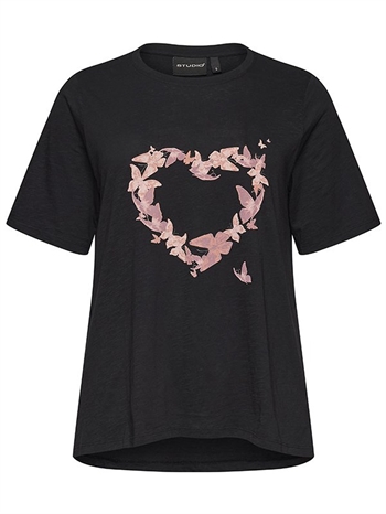 Studio - Bella T-shirt, Sort m/rosa sommerfugle